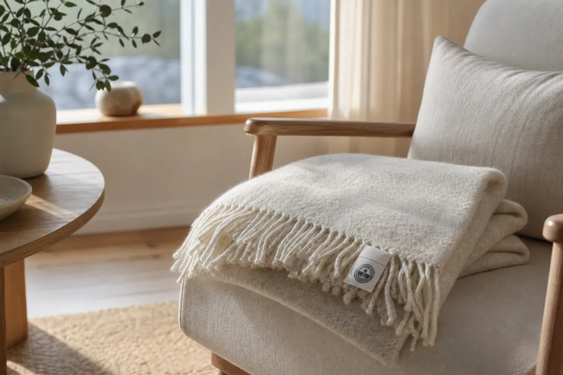 Ullpläd i naturvitt garn bredvid en etikett som visar fiberinnehåll och märkning