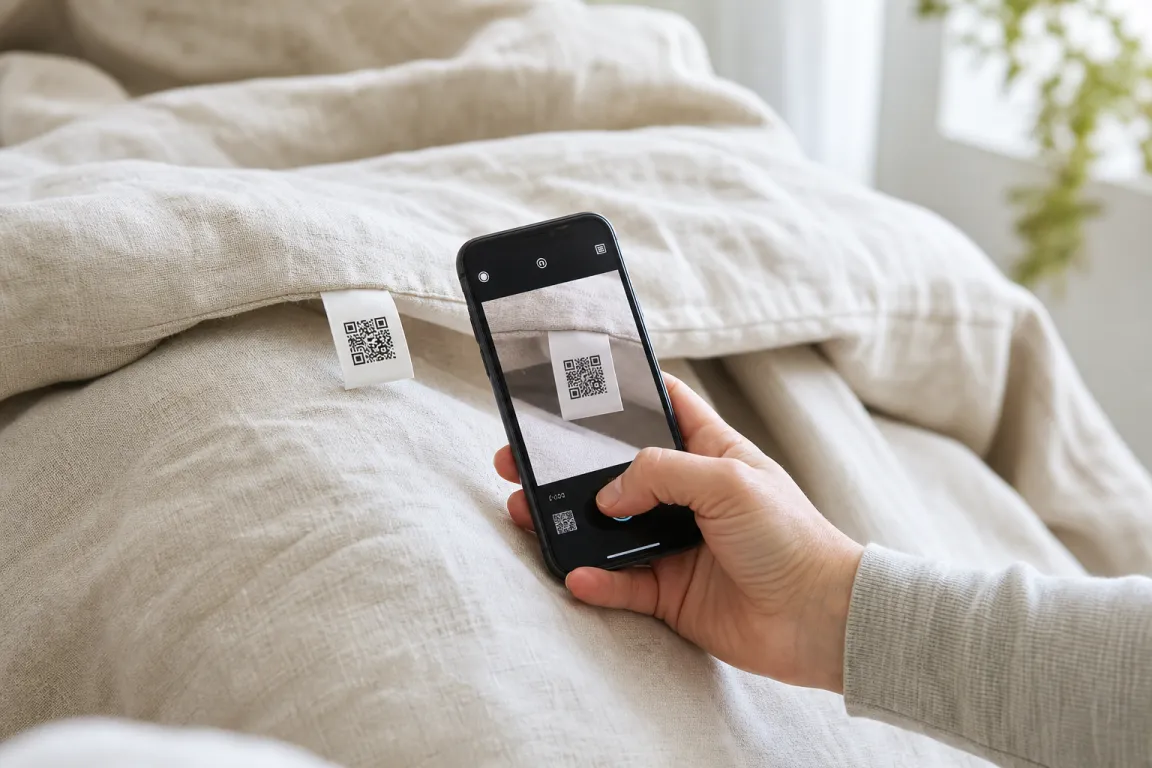Mobiltelefon skannar en QR-kod på en textiletikett för att kontrollera ett certifikat
