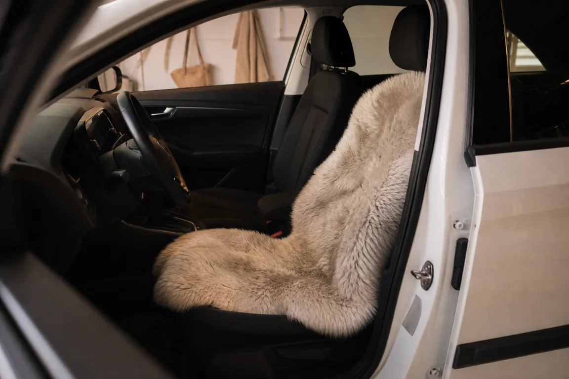 Ett fårskinn ligger över ett bilsäte i framstolen på en ljus vardagsbil.