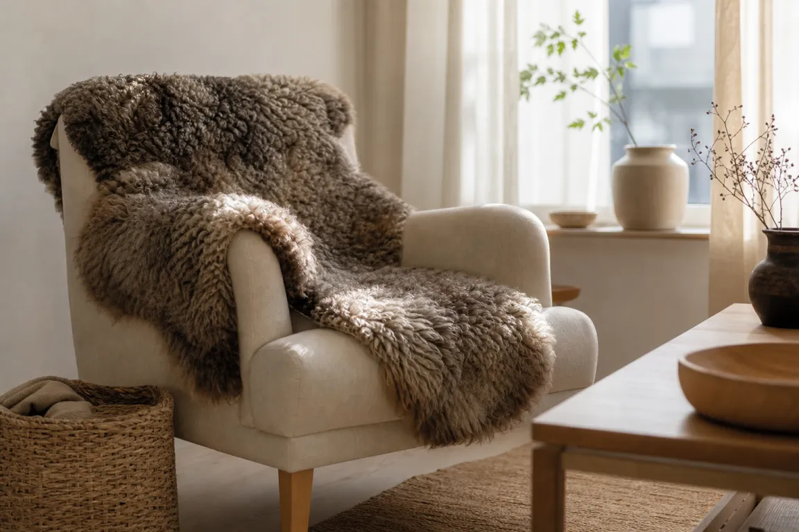 Ett fårskinn draperat över en fåtölj, presenterat som både fäll och fårskinn i olika butiker.
