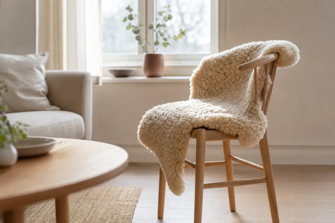 Ett fårskinn i naturvit ull ligger vikt över en ljus trästol i ett svenskt vardagsrum.