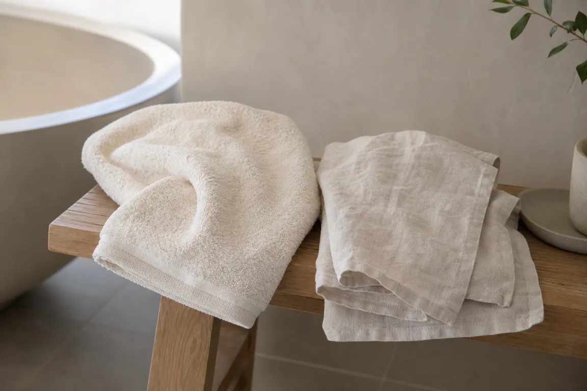 Två handdukar i olika material och struktur, en frotté och en tätvävd, sida vid sida