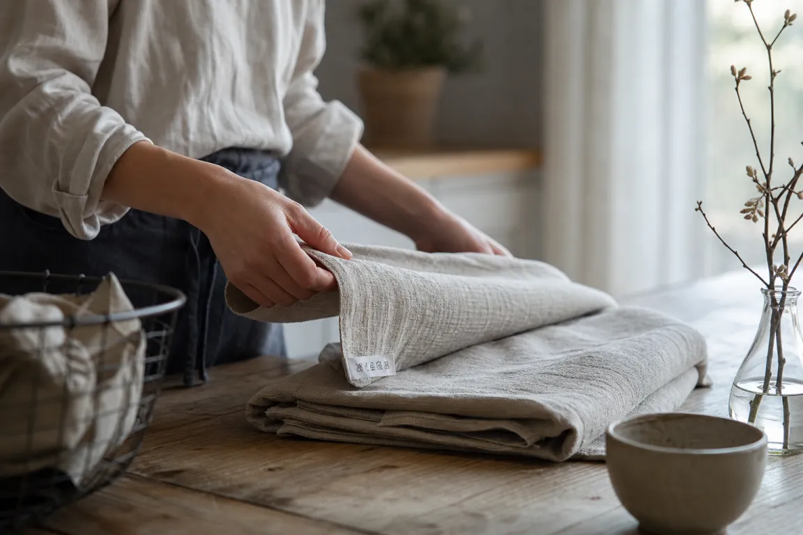 En linneduk läggs ihop efter tvätt, vårdetiketten synlig i kanten