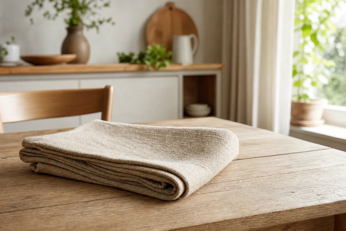 Beige textil i hampafiber vikt på ett träbord