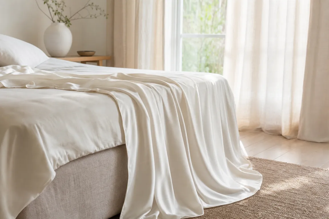 Ljust lakan i lyocell draperat över en säng