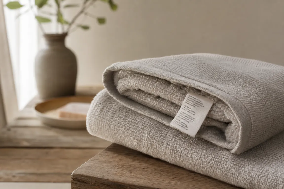 Textiletikett med fiberinnehåll synlig i en vikt handduk