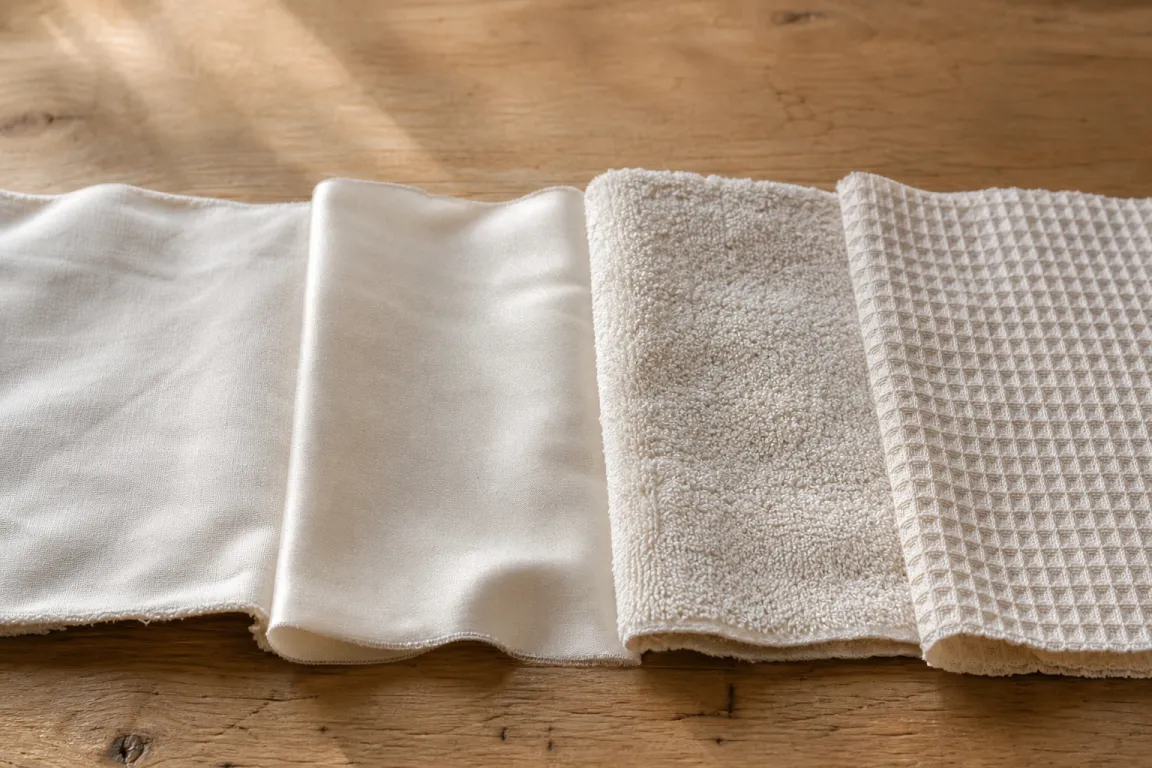 Närbild på fyra olika tygstrukturer: percale, satin, frotté och våffelväv