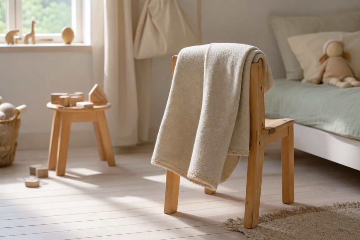 Ljus filt vikt över ryggen på en liten stol i ett barnrum