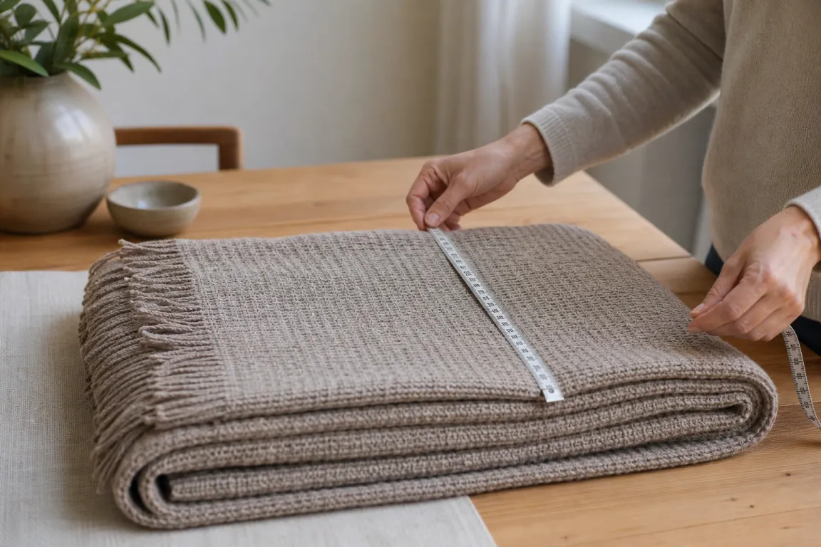 Pläd mäts med måttband över bredd och längd