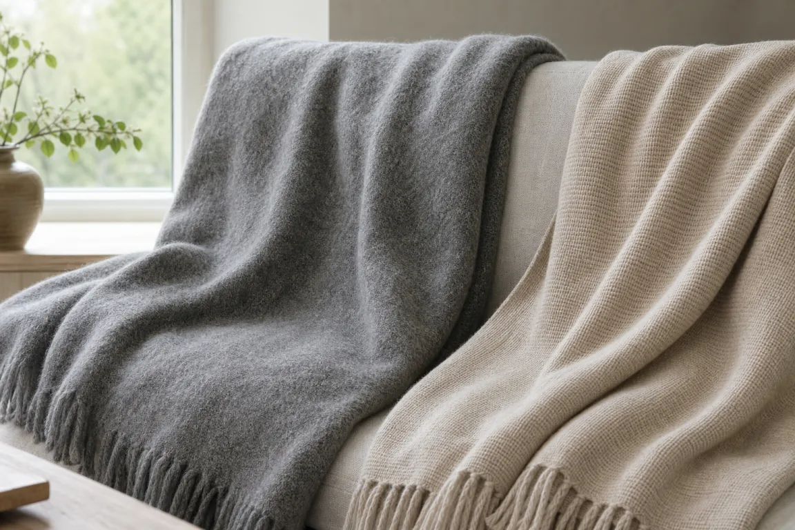 Två plädar i grått och beige, en i ull och en i bomull, ligger sida vid sida