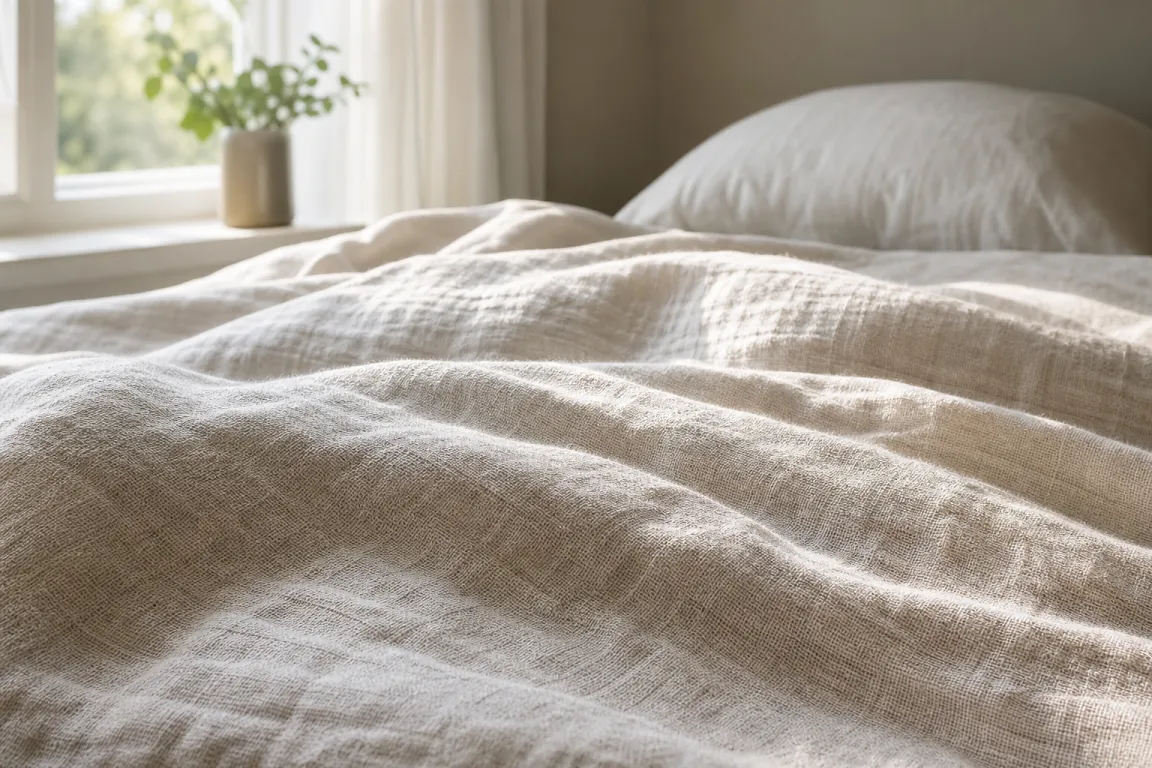 Naturvitt linnelakan bäddat med synlig grov vävstruktur i morgonljus
