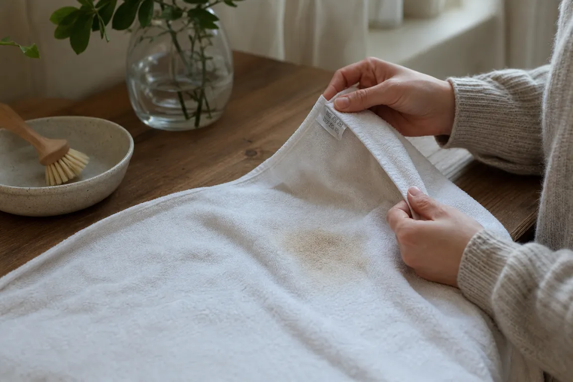 Handduk med en fläck läggs upp i naturligt ljus inför kontroll av tvättetiketten