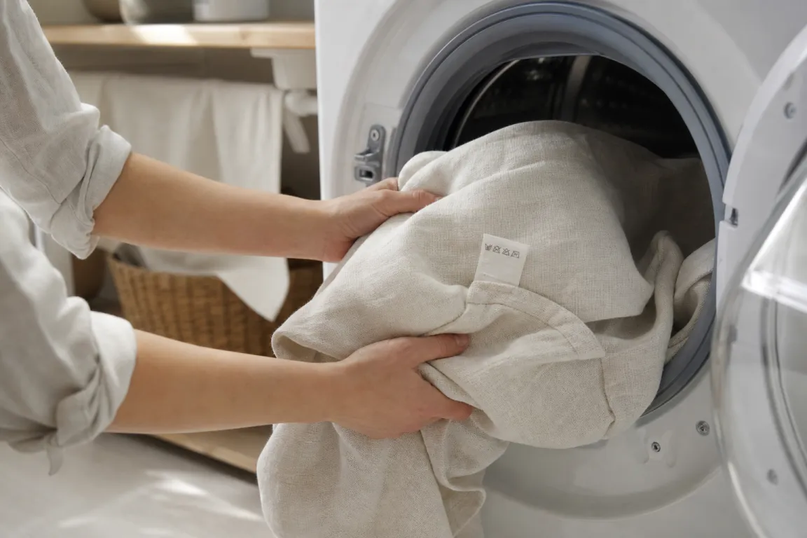 Linnetextil i naturvit ton läggs i en tvättmaskin med vårdetiketten synlig