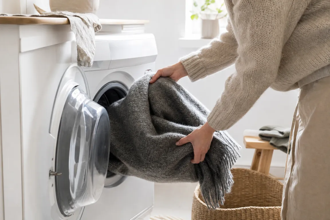 Ullpläd i grå ton läggs försiktigt ner i tvättmaskinens trumma